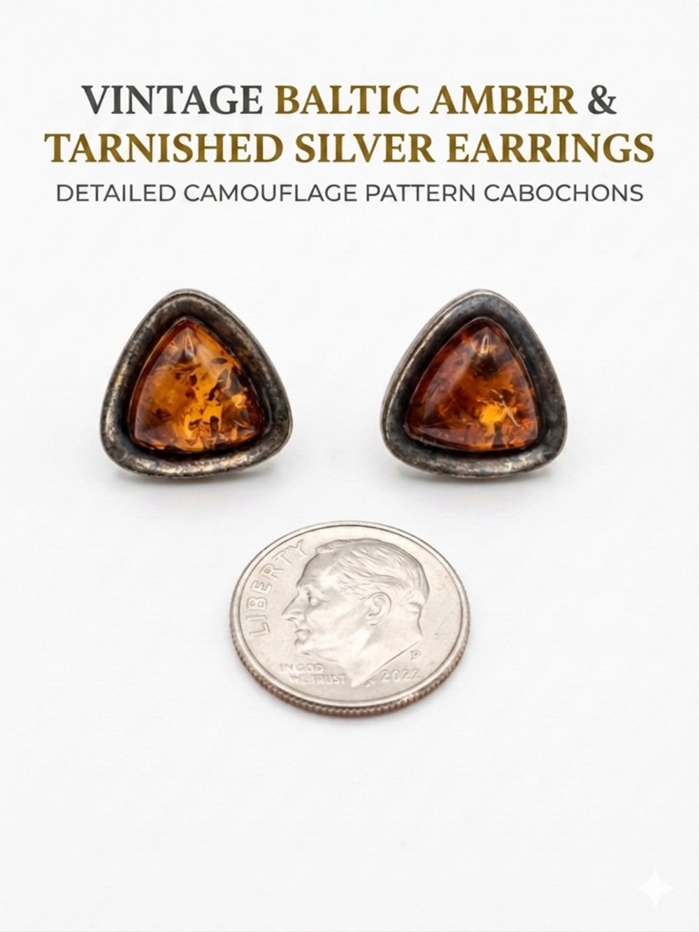 Vintage Sterling Silver Cognac Amber Triangle Stud Earrings